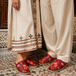 Red Moroccan Babouche Slippers – Leather Shoes with Colorful Embroidery