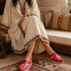 Red Moroccan Babouche Slippers – Leather Shoes with Colorful Embroidery