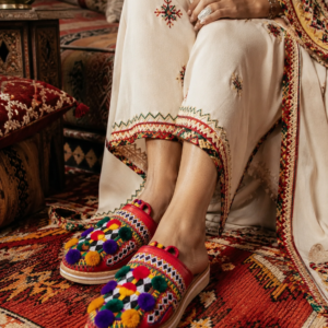 Handmade Babouche Slippers – Leather Mules with Embroidery & Pom Poms