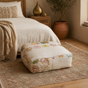 Handmade Wool Pouf – Ivory Floral Berber-Inspired Floor Cushion