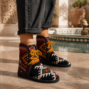 Authentic Amazigh Kilim Ankle Boots – Handmade Berber Footwear with Tribal Patterns