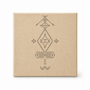Amazigh Linen Canvas Art – Moroccan Wall Decor in Metallic Green Berber Accent