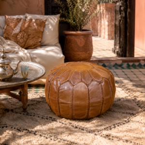 Handmade Moroccan Leather Pouf – Round Brown Leather Ottoman