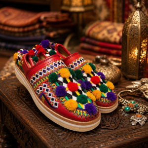 Handmade Babouche Slippers – Leather Mules with Embroidery & Pom Poms