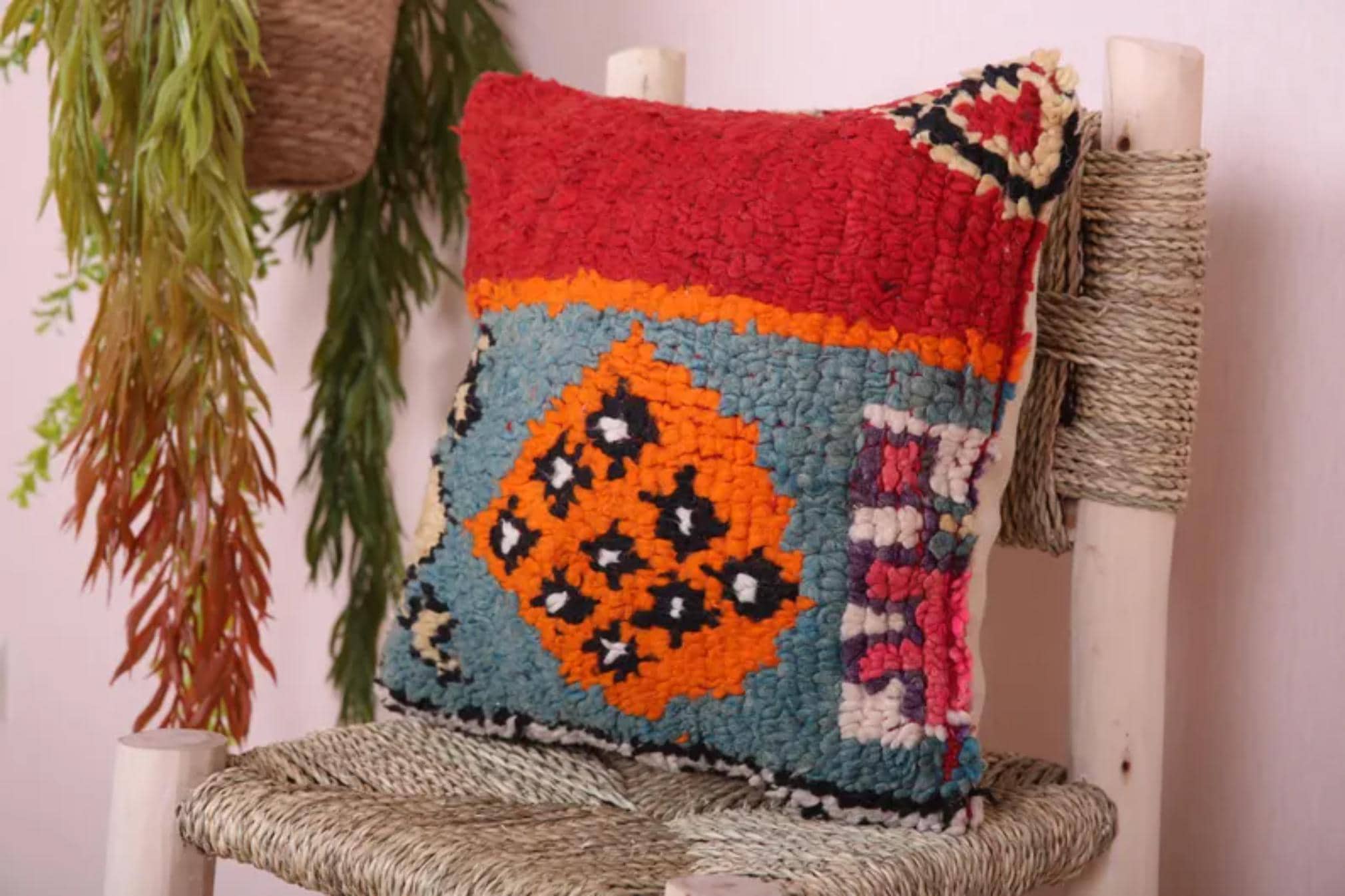 Handmade Moroccan Wool Pillow Cover - Colorful Boucherouite Cushion for Boho Decor