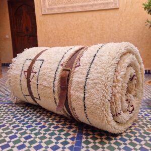 Cream & Black Moroccan Berber Wool Rug – Hand-Knotted High-Pile Geometric Rug