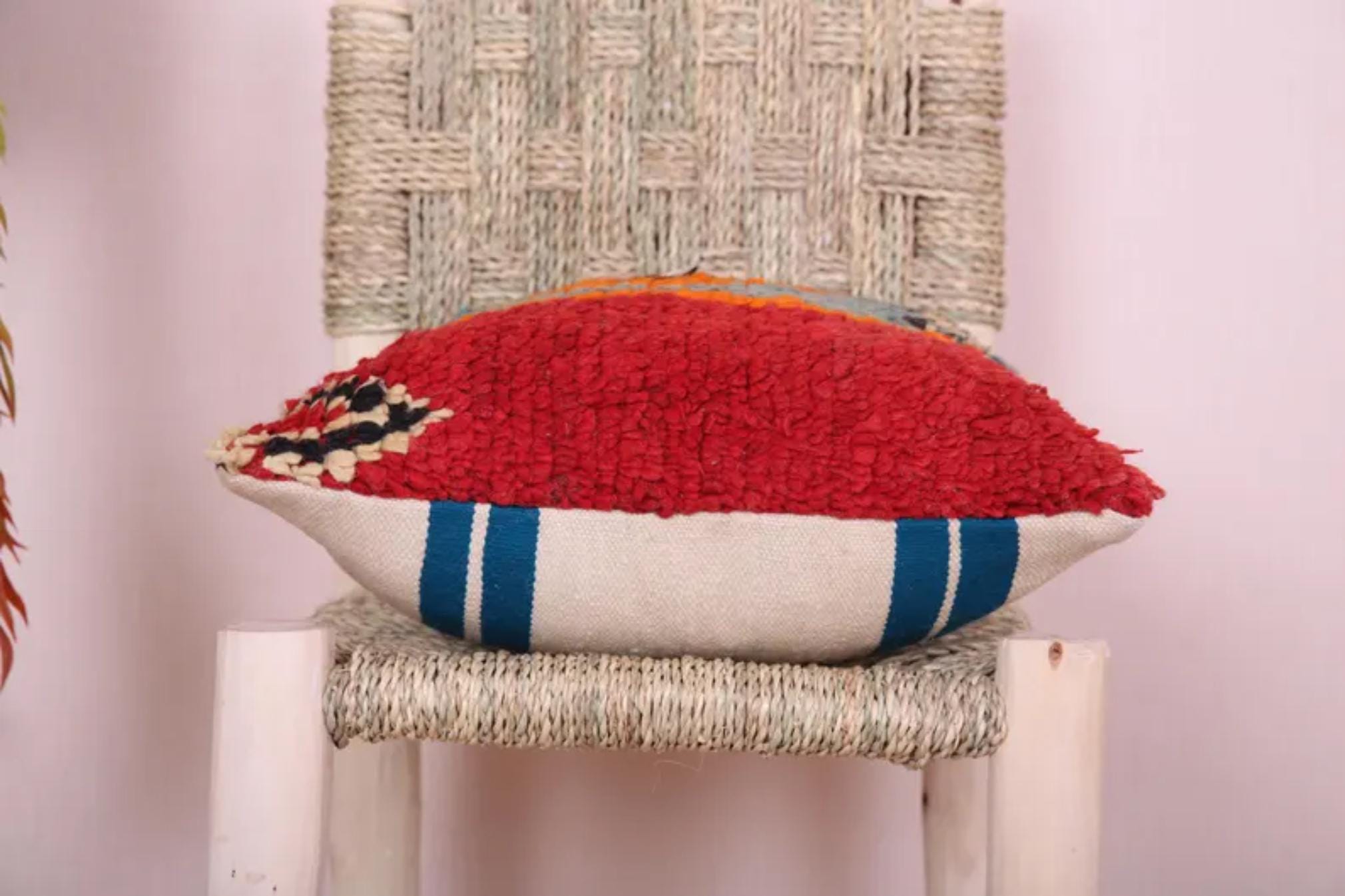 Handmade Moroccan Wool Pillow Cover - Colorful Boucherouite Cushion for Boho Decor
