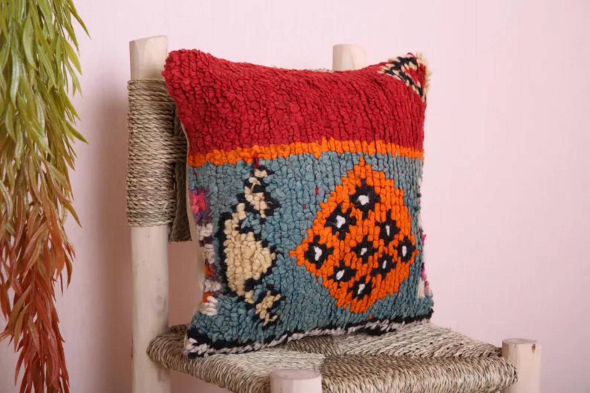 Handmade Moroccan Wool Pillow Cover - Colorful Boucherouite Cushion for Boho Decor