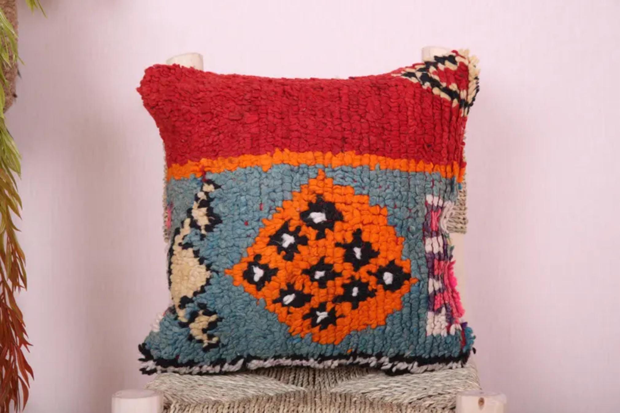 Handmade Moroccan Wool Pillow Cover - Colorful Boucherouite Cushion for Boho Decor