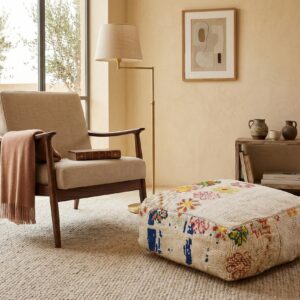 Handmade Wool Pouf – Ivory Floral Berber-Inspired Floor Cushion