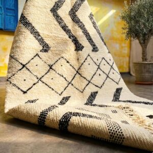 Large Berber Wool Rug – Ivory & Black Diamond Grid Rug
