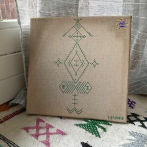 Amazigh Linen Canvas Art – Moroccan Wall Decor in Metallic Green Berber Accent