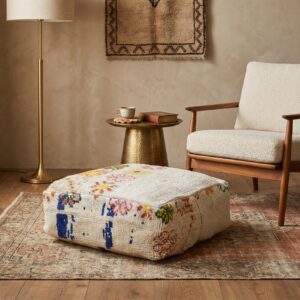 Handmade Wool Pouf – Ivory Floral Berber-Inspired Floor Cushion