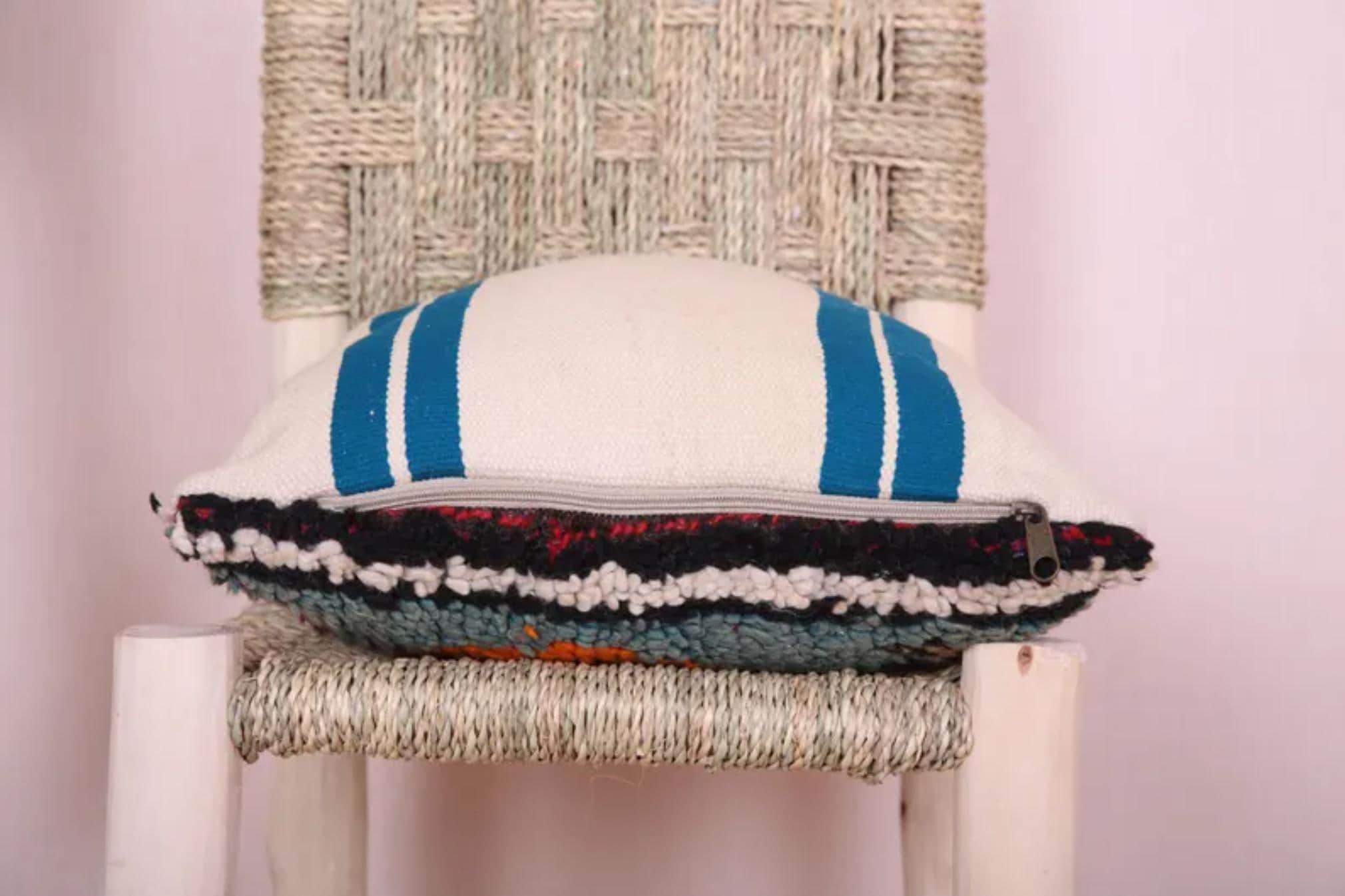 Handmade Moroccan Wool Pillow Cover - Colorful Boucherouite Cushion for Boho Decor