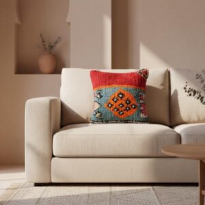 Handmade Moroccan Wool Pillow Cover - Colorful Boucherouite Cushion for Boho Decor
