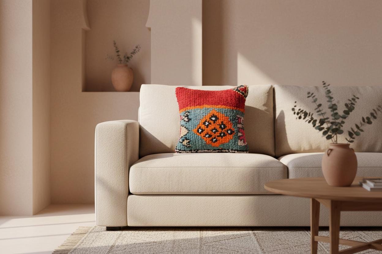 Handmade Moroccan Wool Pillow Cover - Colorful Boucherouite Cushion for Boho Decor