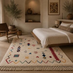Colorful Amazigh Berber Azilal Wool Rug – Ivory Tribal Geometric Carpet