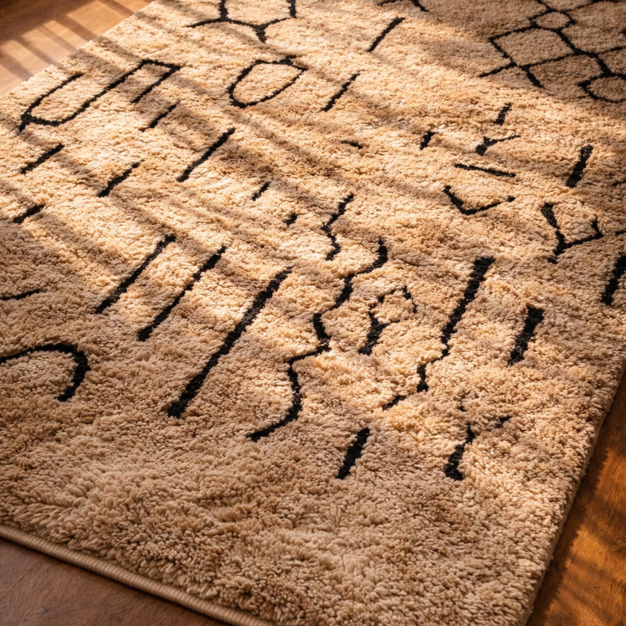 Custom Moroccan Rug – Cream Handmade Berber Area Rug with Black Motifs