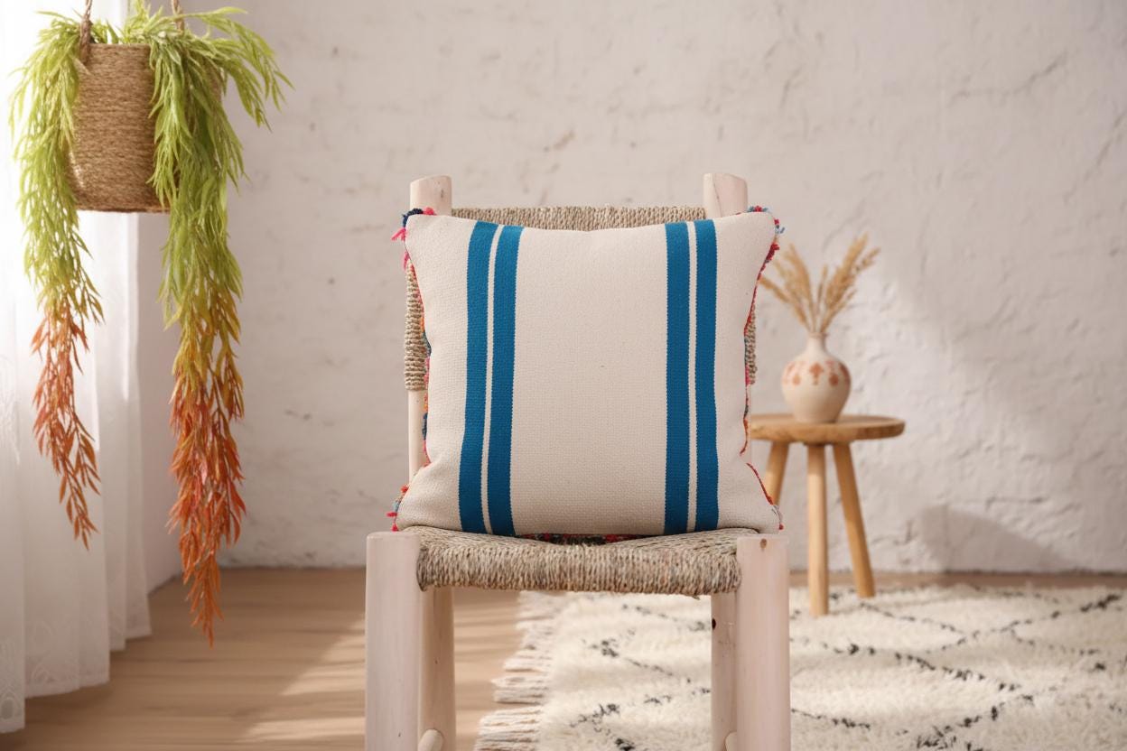Handmade Moroccan Wool Pillow Cover - Colorful Boucherouite Cushion for Boho Decor