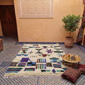 Colorful Moroccan Berber Wool Rug – Cream High-Pile Rug with Tribal Motifs