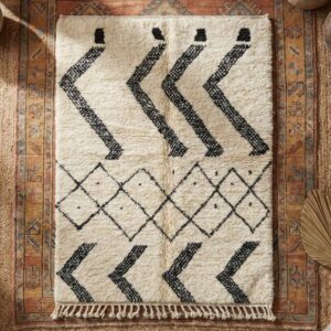 Large Berber Wool Rug – Ivory & Black Diamond Grid Rug
