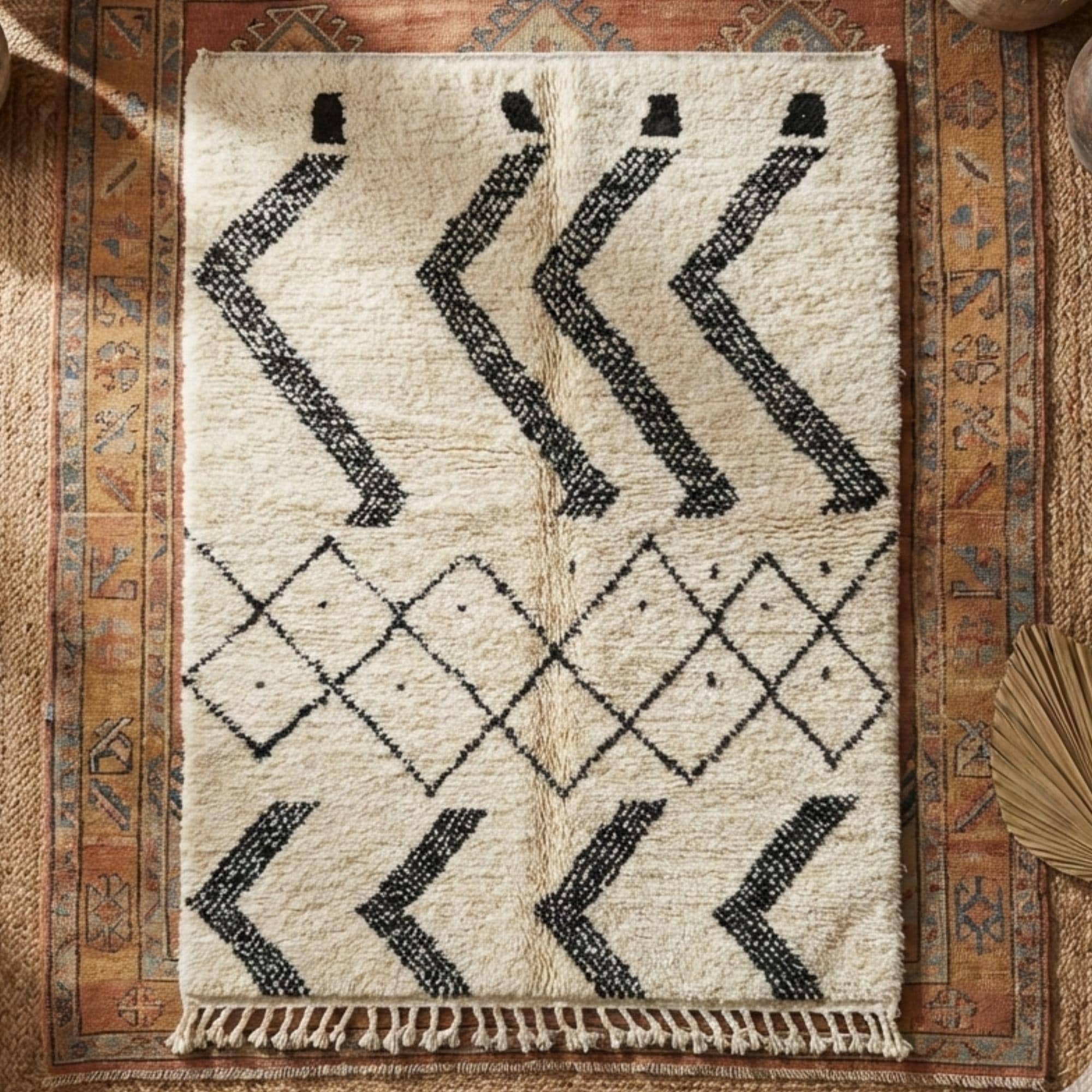 Large Berber Wool Rug – Ivory & Black Diamond Grid Rug
