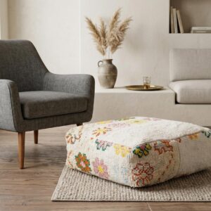 Handmade Wool Pouf – Ivory Floral Berber-Inspired Floor Cushion