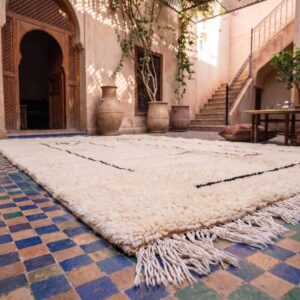 Cream & Black Moroccan Berber Wool Rug – Hand-Knotted High-Pile Geometric Rug
