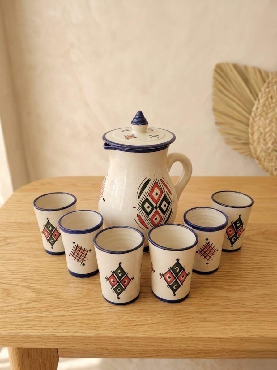 Amazigh Ceramic Piece – Moroccan Pitcher and Cup Set with Hand-Painted Patterns