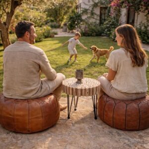 Handmade Moroccan Leather Pouf – Round Brown Leather Ottoman