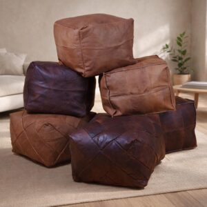 Handmade Leather Pouf – Square Brown Leather Ottoman