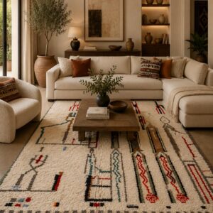 Abstract Amazigh Berber Wool Rug – Ivory Geometric Atlas Inspired Carpet