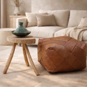 Handmade Leather Pouf – Square Brown Leather Ottoman