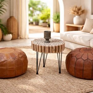 Handmade Moroccan Leather Pouf – Round Brown Leather Ottoman