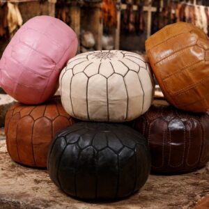 Handmade Moroccan Leather Pouf – Round Brown Leather Ottoman