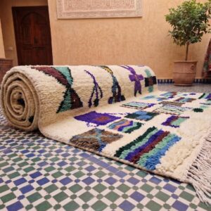 Colorful Moroccan Berber Wool Rug – Cream High-Pile Rug with Tribal Motifs