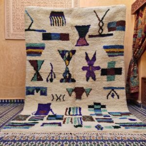 Colorful Moroccan Berber Wool Rug – Cream High-Pile Rug with Tribal Motifs