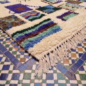Colorful Moroccan Berber Wool Rug – Cream High-Pile Rug with Tribal Motifs