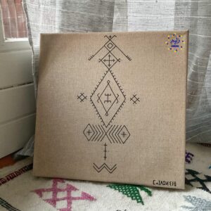 Amazigh Linen Canvas Art – Moroccan Wall Decor in Metallic Green Berber Accent