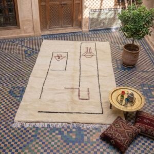 Cream & Black Moroccan Berber Wool Rug – Hand-Knotted High-Pile Geometric Rug
