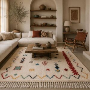 Colorful Amazigh Berber Azilal Wool Rug – Ivory Tribal Geometric Carpet