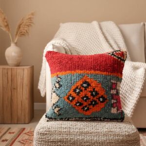 Handmade Moroccan Wool Pillow Cover - Colorful Boucherouite Cushion for Boho Decor
