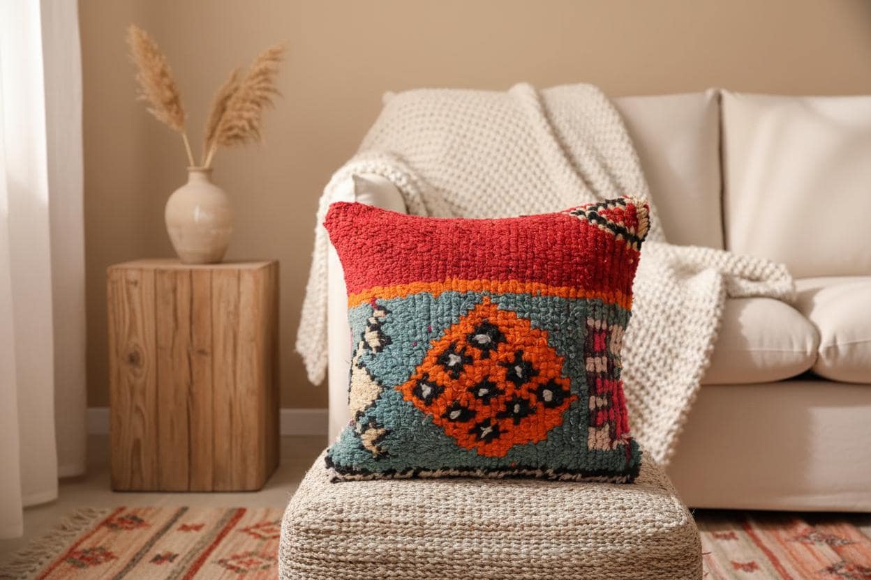 Handmade Moroccan Wool Pillow Cover - Colorful Boucherouite Cushion for Boho Decor