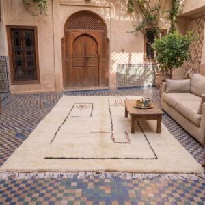Cream & Black Moroccan Berber Wool Rug – Hand-Knotted High-Pile Geometric Rug