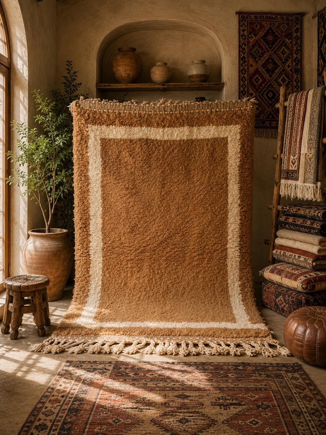 Camel Beige Berber Wool Rug – Minimal Moroccan Atlas Carpet