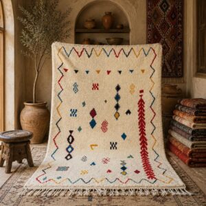 Colorful Amazigh Berber Azilal Wool Rug – Ivory Tribal Geometric Carpet