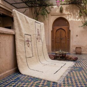 Cream & Black Moroccan Berber Wool Rug – Hand-Knotted High-Pile Geometric Rug