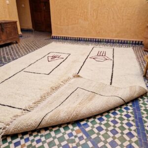 Cream & Black Moroccan Berber Wool Rug – Hand-Knotted High-Pile Geometric Rug