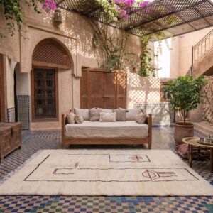 Cream & Black Moroccan Berber Wool Rug – Hand-Knotted High-Pile Geometric Rug