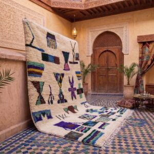 Colorful Moroccan Berber Wool Rug – Cream High-Pile Rug with Tribal Motifs